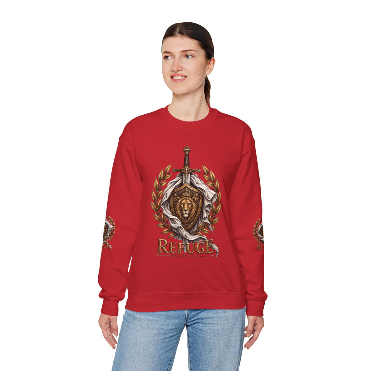 Crewneck Sweatshirt — 'Refuge' Lion & Sword Psalm 91:4 Christian Pullover