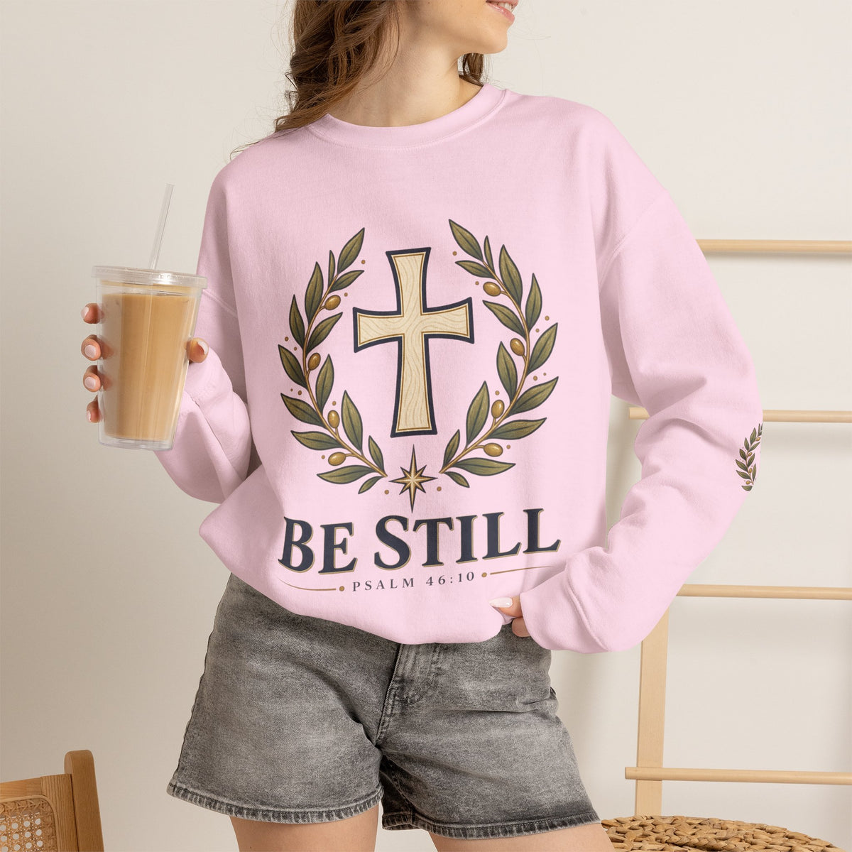 Crewneck Sweatshirt — "Be Still" Psalm 46:10 Christian Cross Design