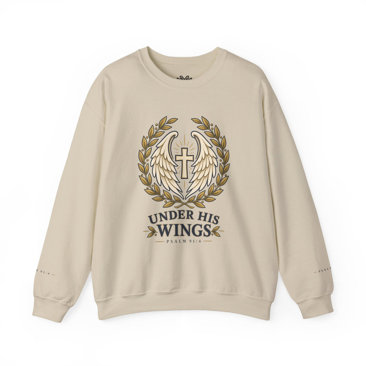 Under His Wings Crewneck Sweatshirt — Christian Cross & Angel Wings Psalm Design