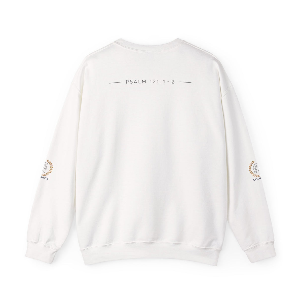 Courage Spartan Helmet Crewneck Sweatshirt — "Courage" with Laurel & Psalm 121:1-2