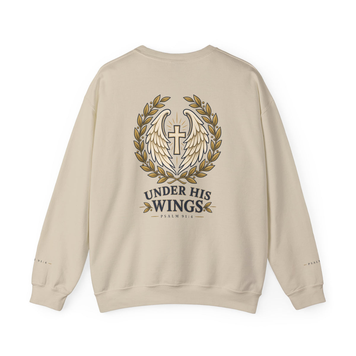 Under His Wings Crewneck Sweatshirt — Christian Cross & Angel Wings Psalm Design