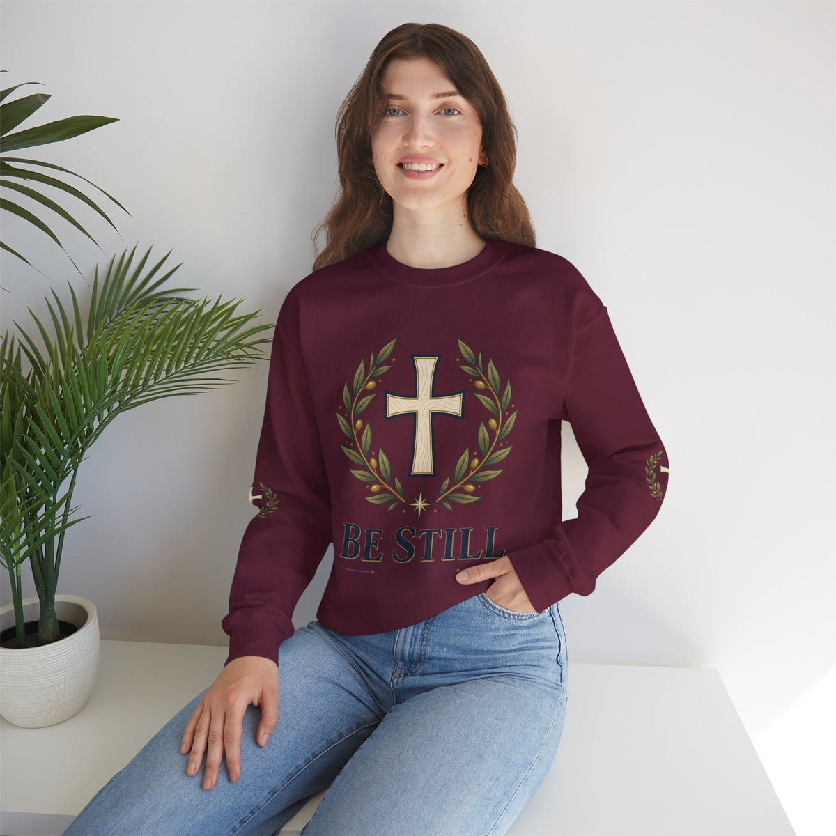 Crewneck Sweatshirt — "Be Still" Psalm 46:10 Christian Cross Design