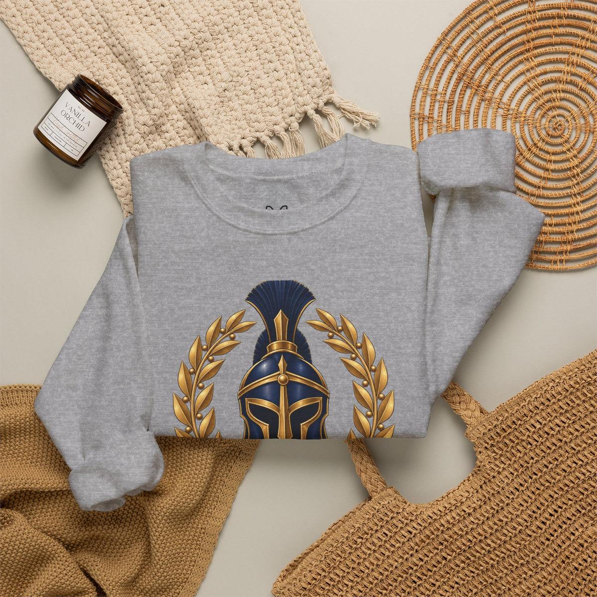 Crewneck Sweatshirt — "Be Strong and Take Heart" Psalm 31:24 Spartan Helmet Design