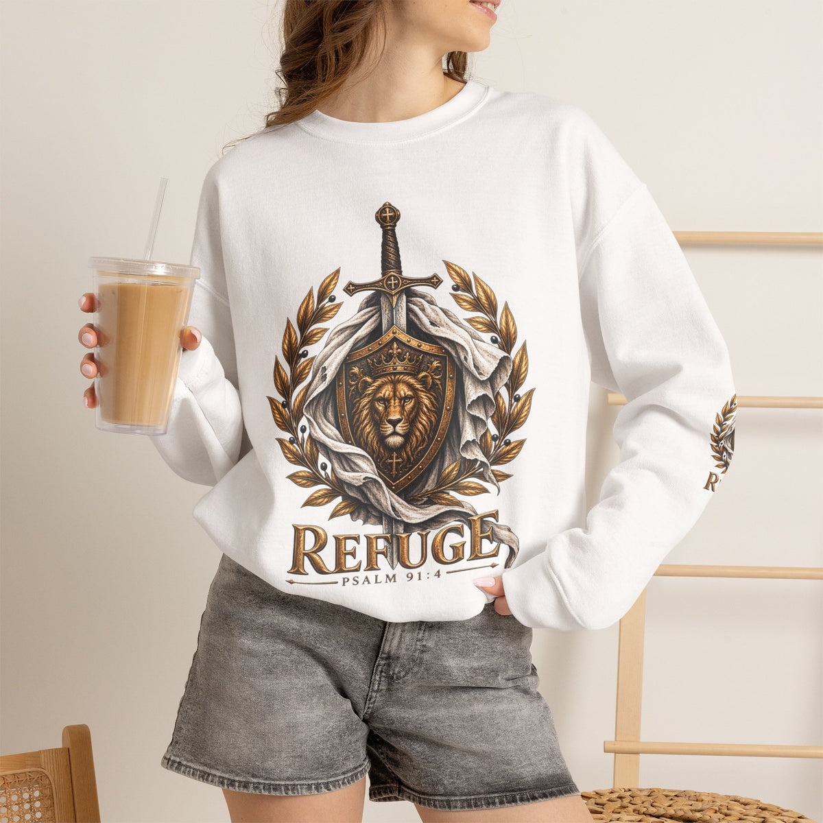 Crewneck Sweatshirt — 'Refuge' Lion & Sword Psalm 91:4 Christian Pullover