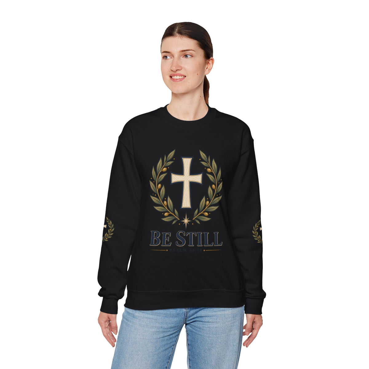 Crewneck Sweatshirt — "Be Still" Psalm 46:10 Christian Cross Design