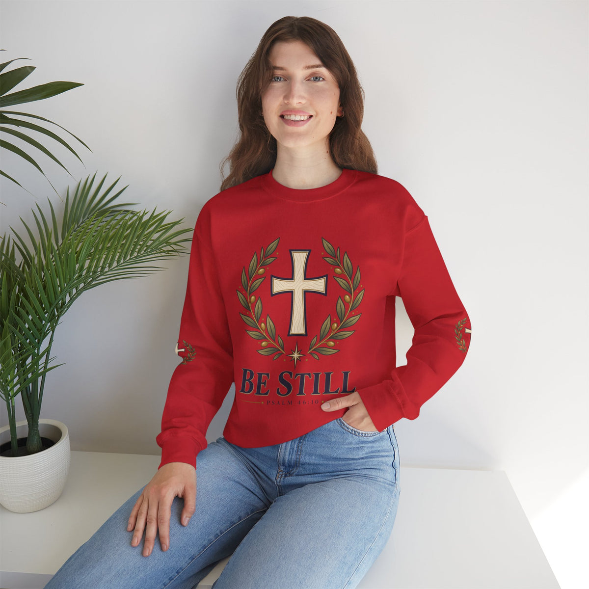 Crewneck Sweatshirt — "Be Still" Psalm 46:10 Christian Cross Design
