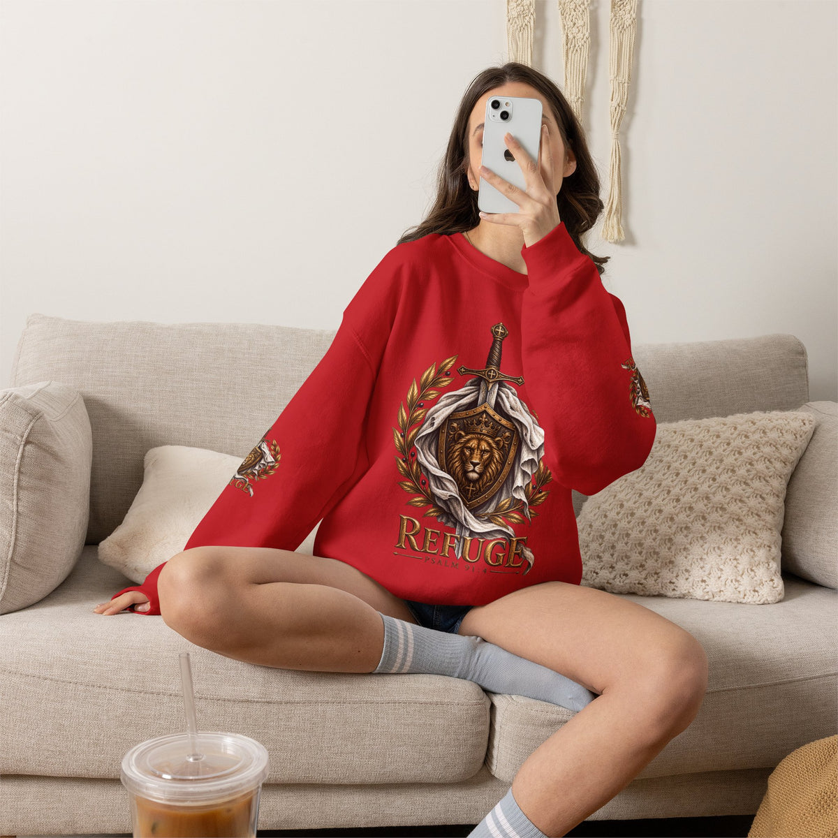Crewneck Sweatshirt — 'Refuge' Lion & Sword Psalm 91:4 Christian Pullover