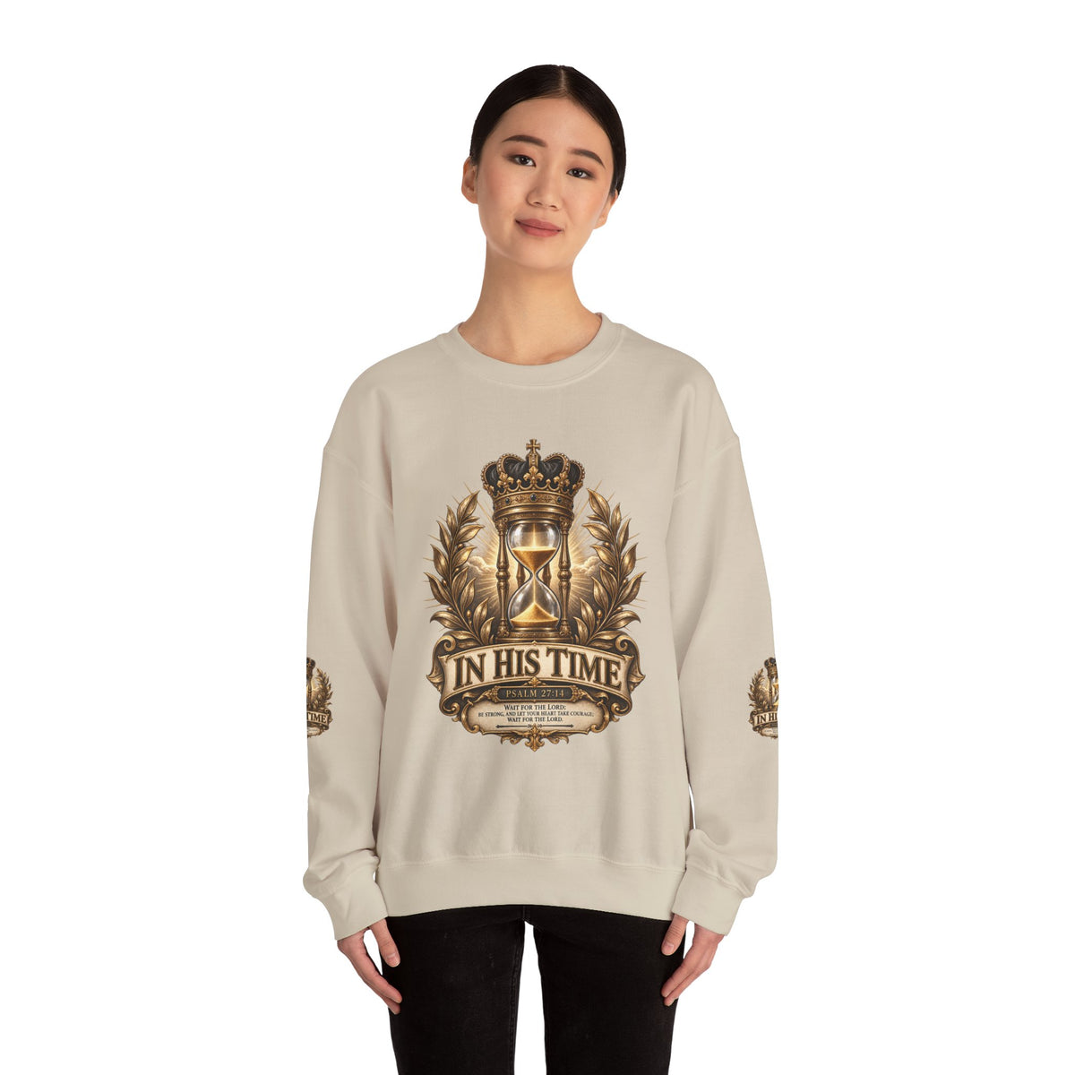 In His Time Crewneck Sweatshirt – Inspirational Christian Scripture Hourglass Design