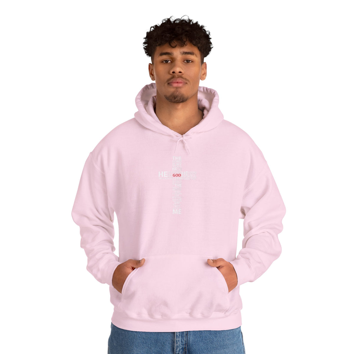 Christian Cross Hoodie - "He Renewed Me" Word Cloud Faith Sweatshirt
