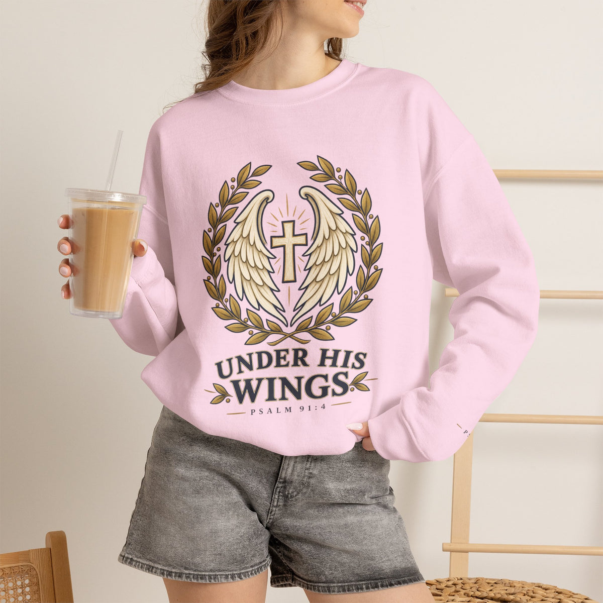 Under His Wings Crewneck Sweatshirt — Christian Cross & Angel Wings Psalm Design