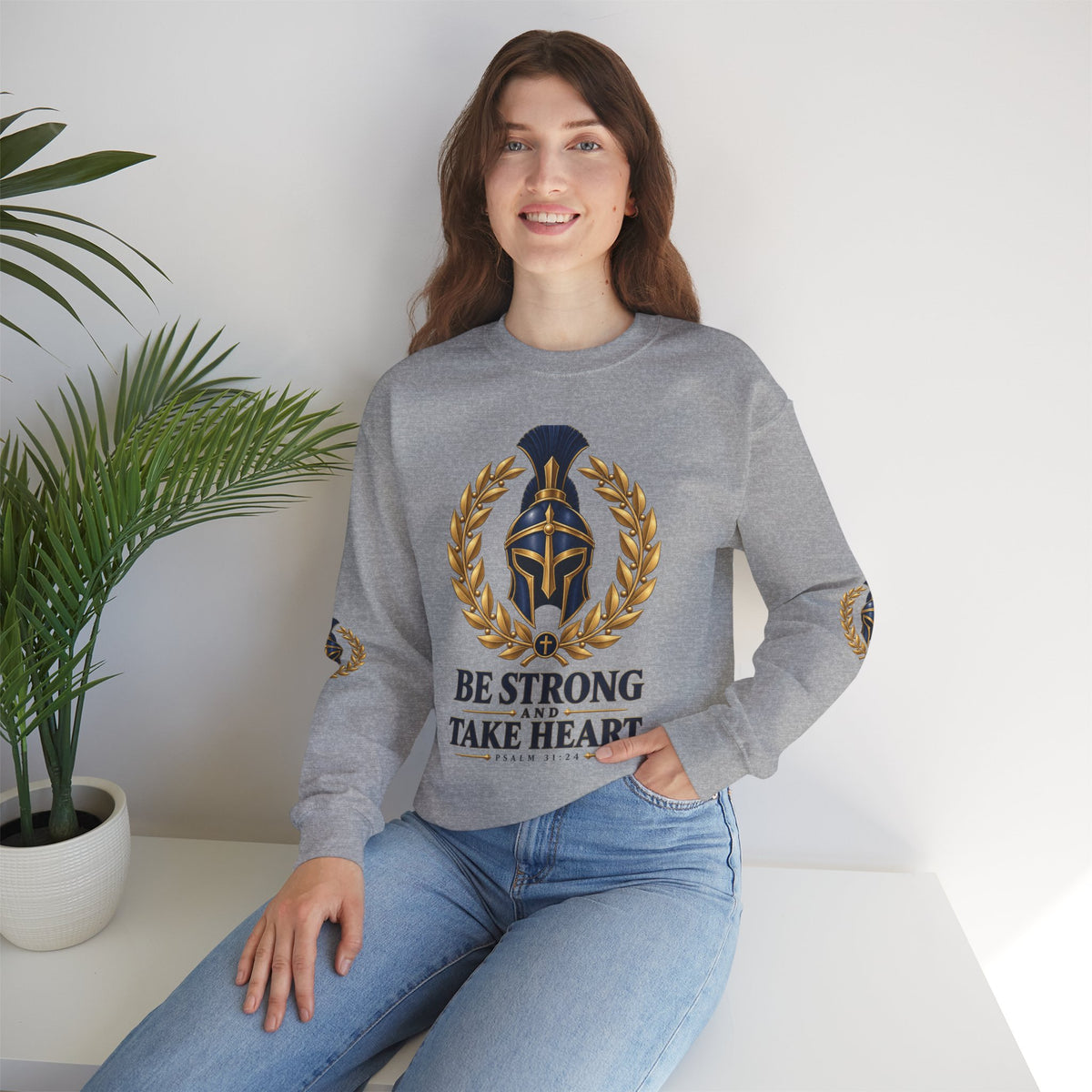 Crewneck Sweatshirt — "Be Strong and Take Heart" Psalm 31:24 Spartan Helmet Design