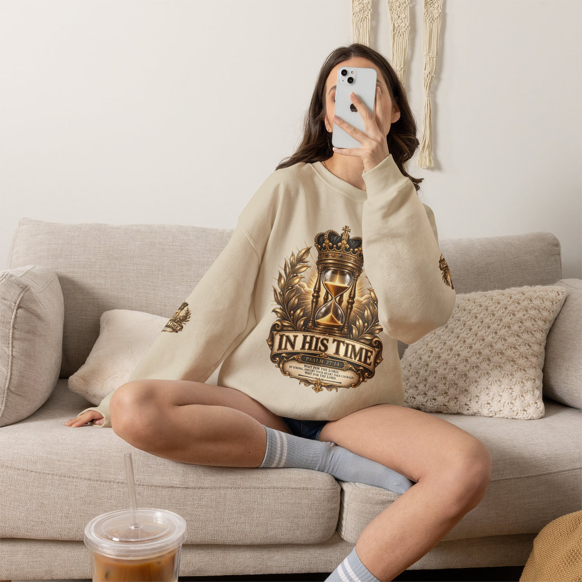 In His Time Crewneck Sweatshirt – Inspirational Christian Scripture Hourglass Design