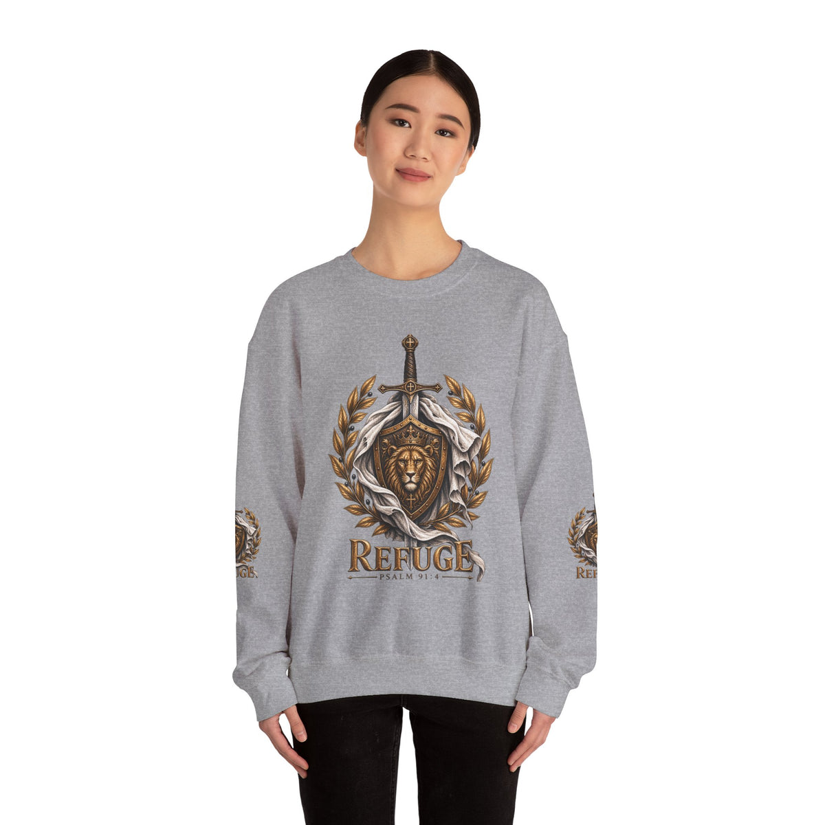 Crewneck Sweatshirt — 'Refuge' Lion & Sword Psalm 91:4 Christian Pullover