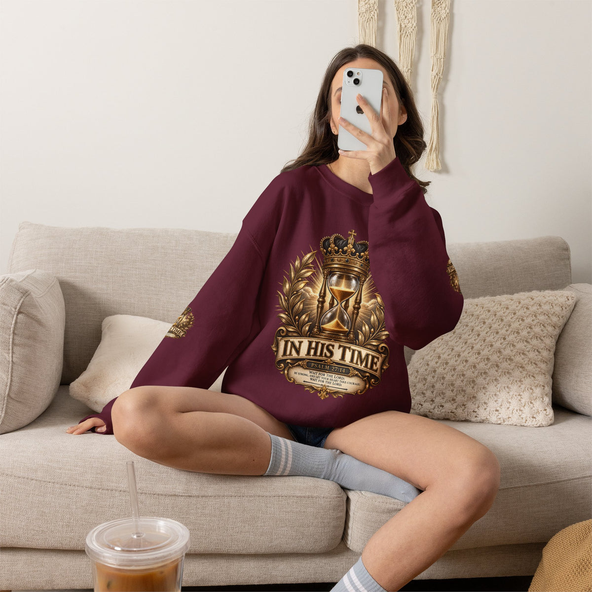 In His Time Crewneck Sweatshirt – Inspirational Christian Scripture Hourglass Design