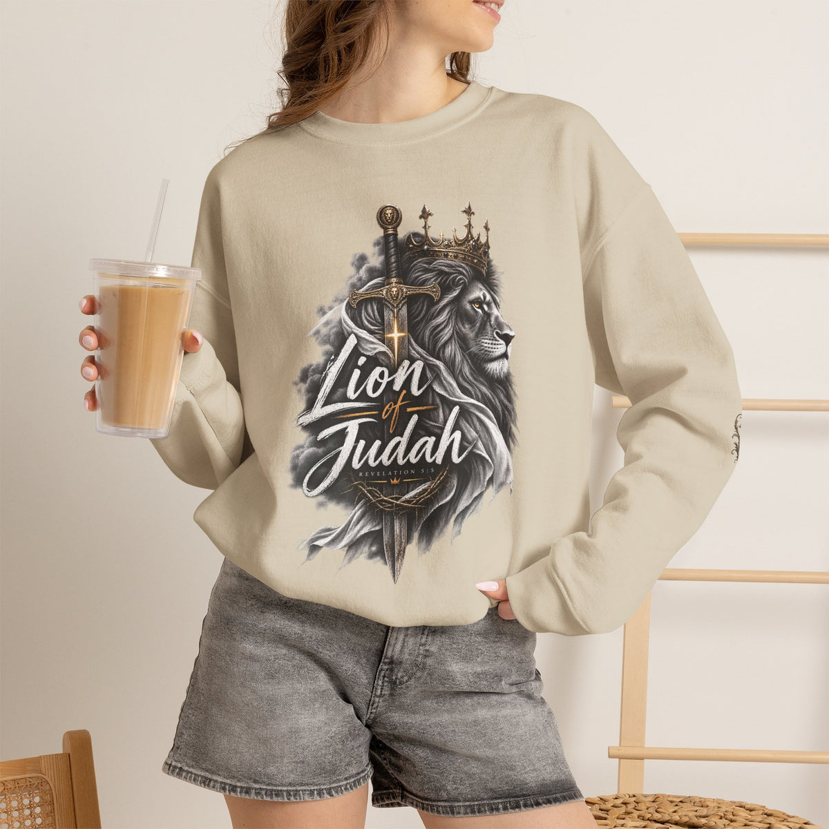 Lion of Judah Sweatshirt — Christian Lion Crewneck with Crown & Ichthys Back