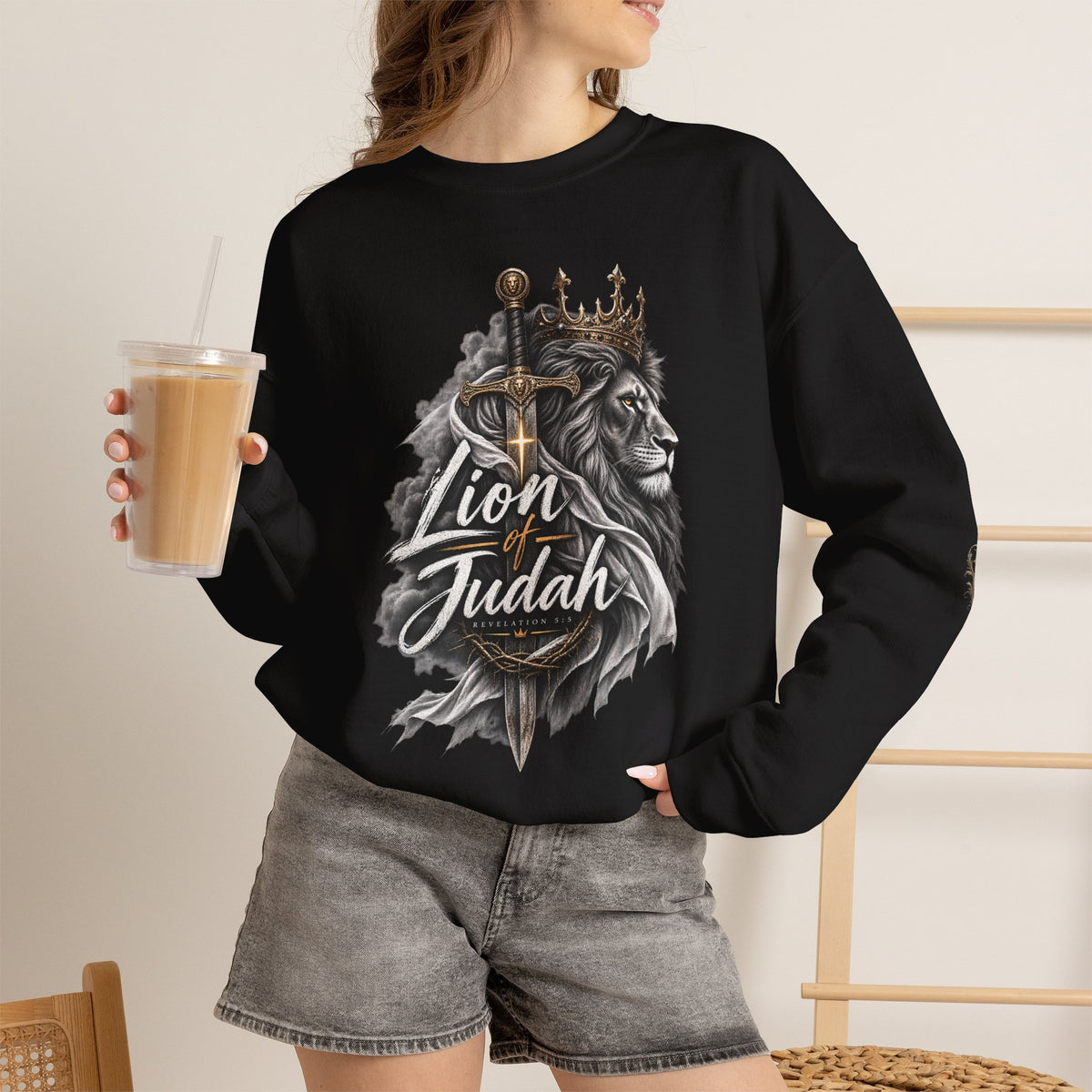Lion of Judah Sweatshirt — Christian Lion Crewneck with Crown & Ichthys Back