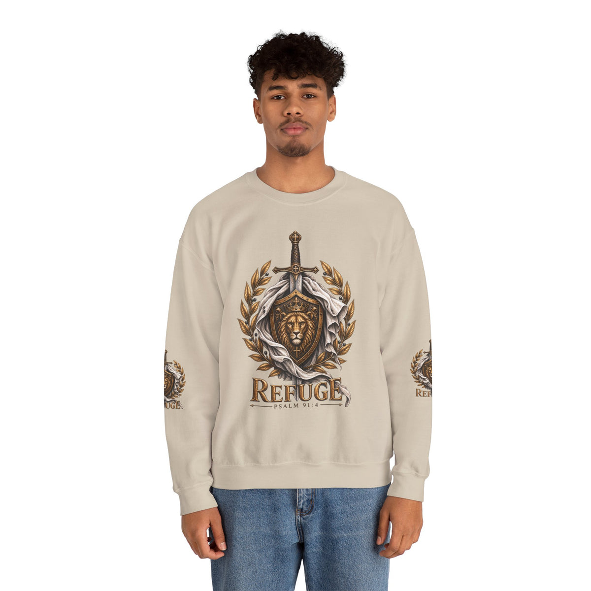 Crewneck Sweatshirt — 'Refuge' Lion & Sword Psalm 91:4 Christian Pullover