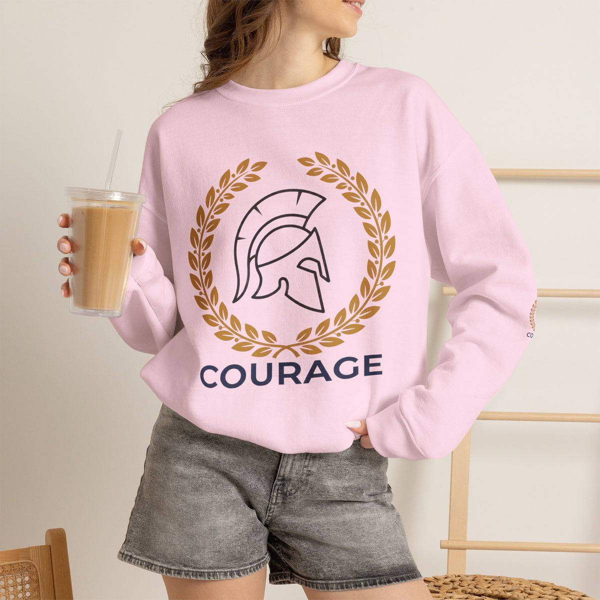 Courage Spartan Helmet Crewneck Sweatshirt — "Courage" with Laurel & Psalm 121:1-2