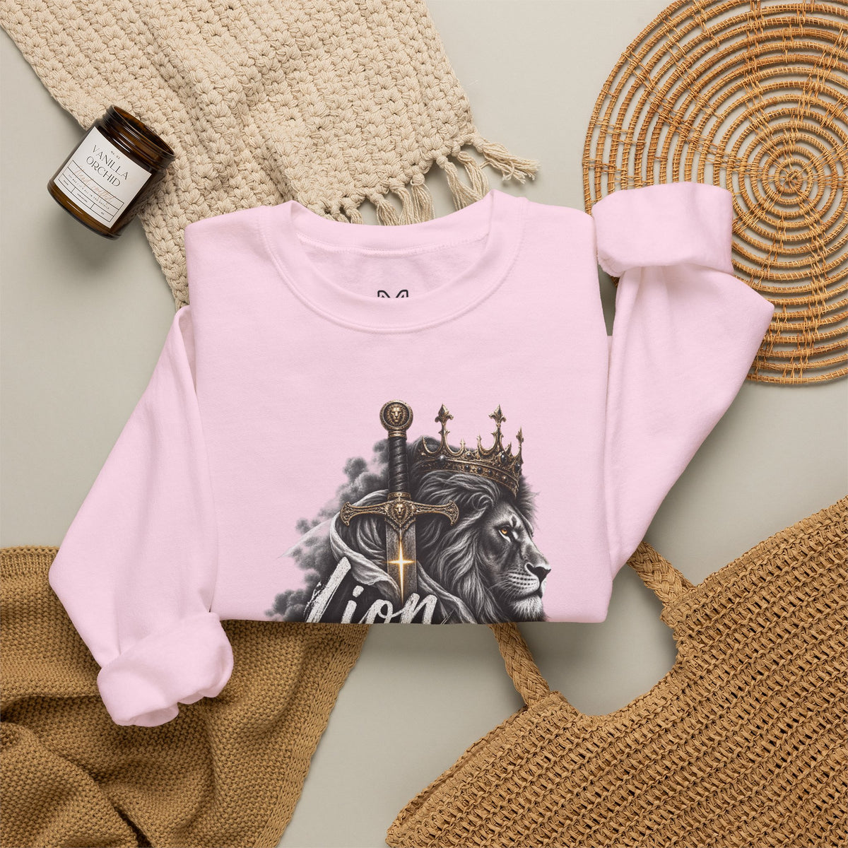 Lion of Judah Sweatshirt — Christian Lion Crewneck with Crown & Ichthys Back