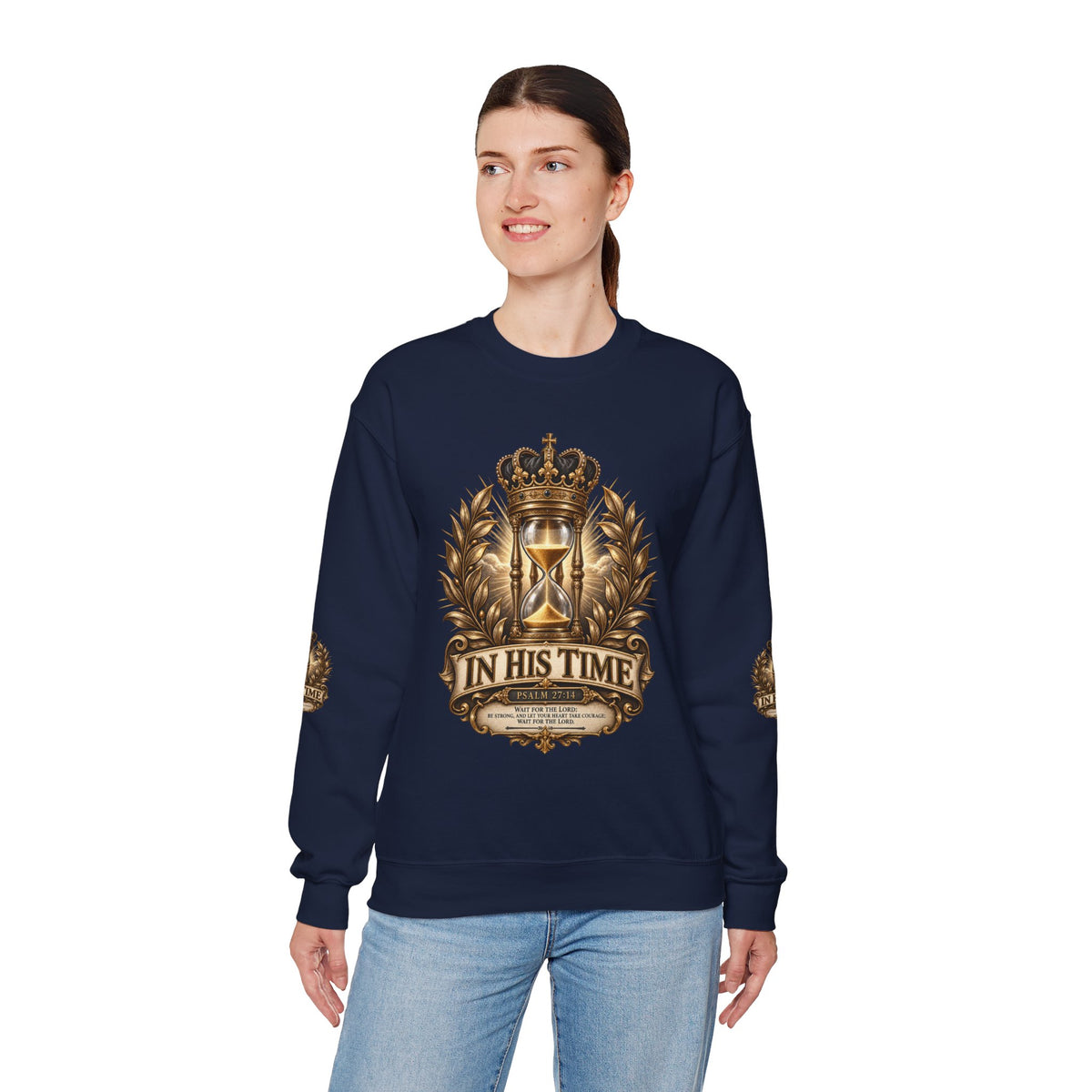 In His Time Crewneck Sweatshirt – Inspirational Christian Scripture Hourglass Design