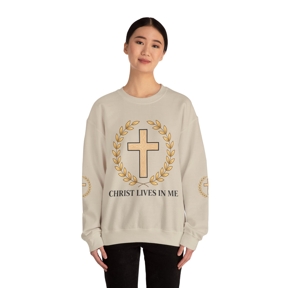 Christian Cross Crewneck Sweatshirt – "Christ Lives in Me" Religious Pullover