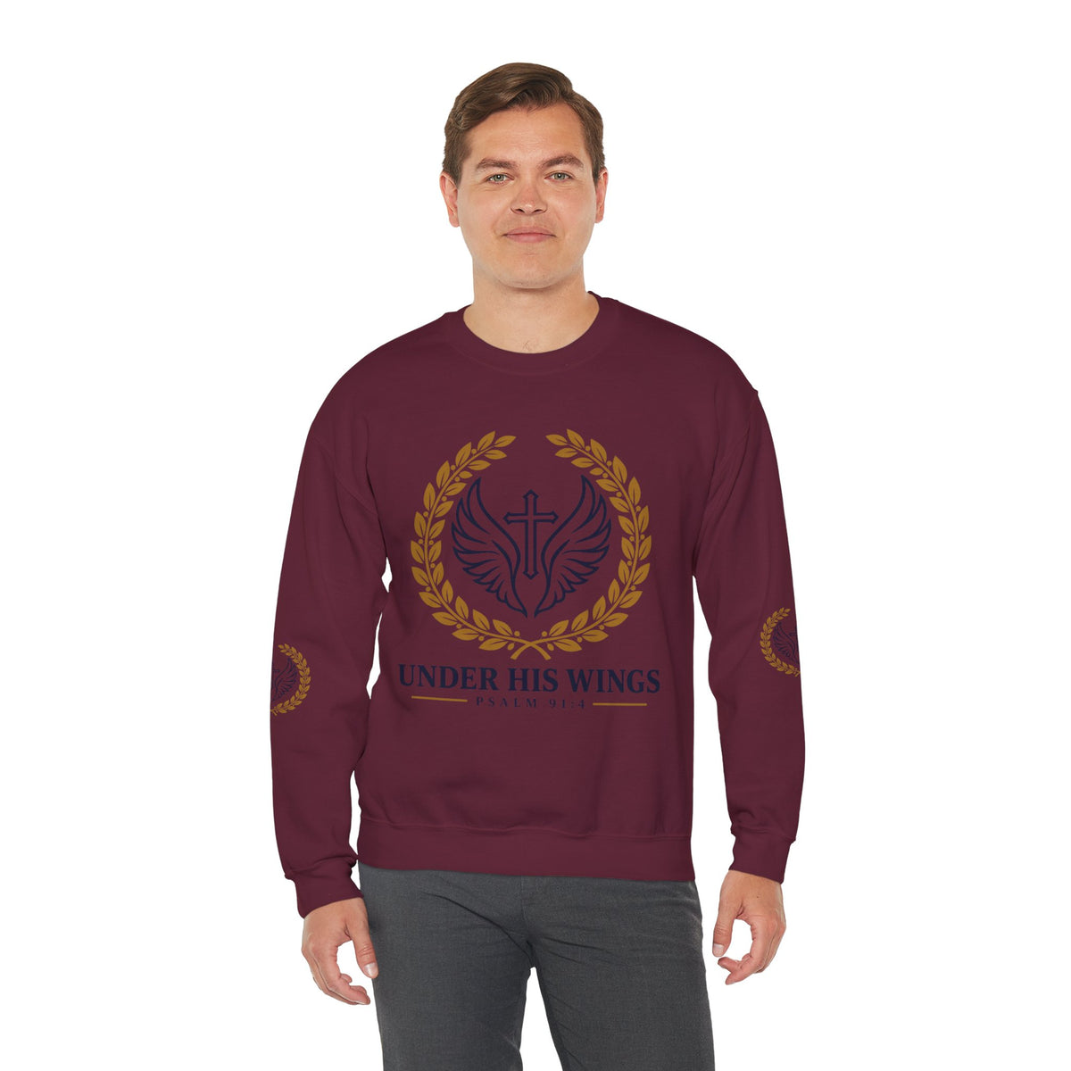Religious Crewneck Sweatshirt – “Under His Wings” Psalm 91:4 Christian Pullover