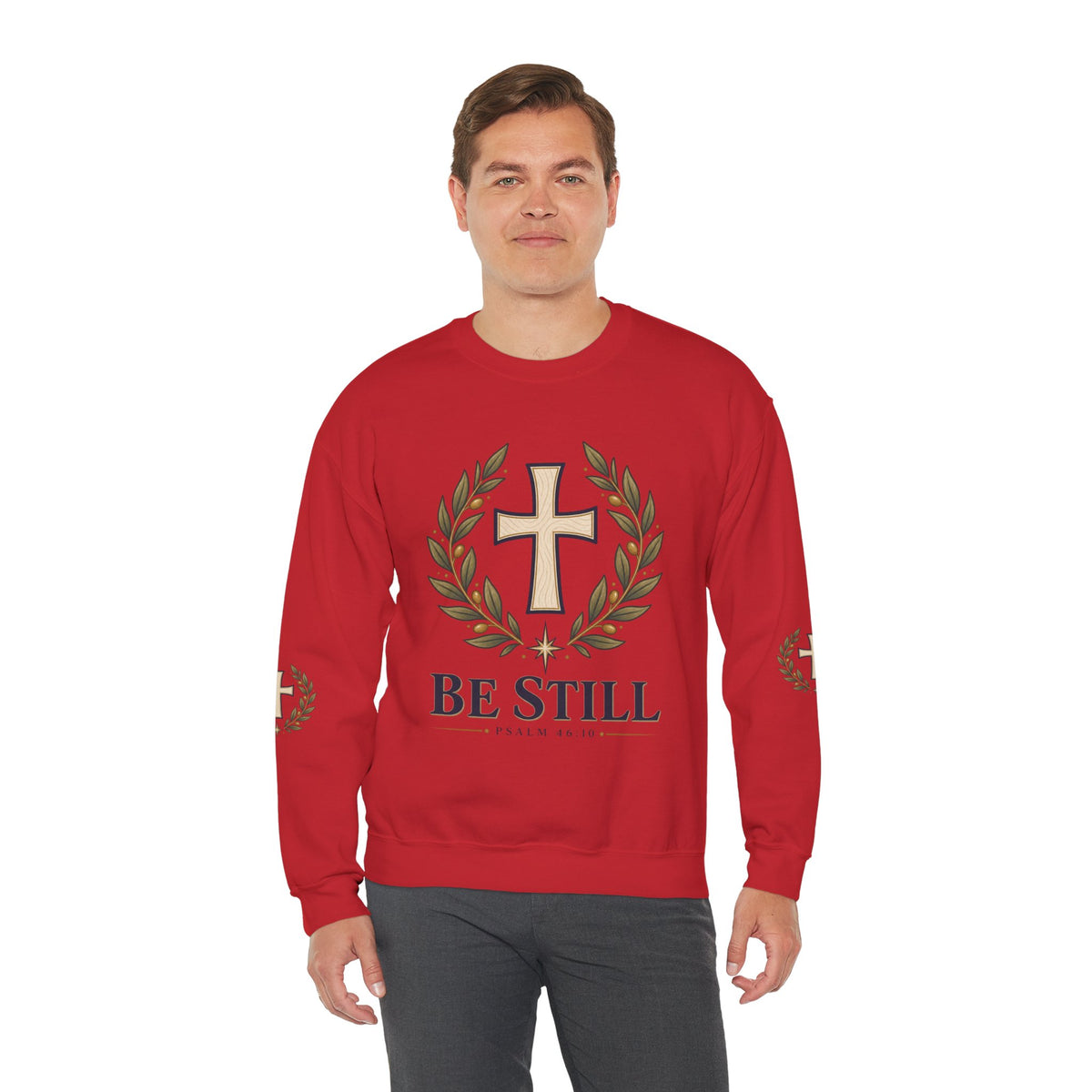 Crewneck Sweatshirt — "Be Still" Psalm 46:10 Christian Cross Design