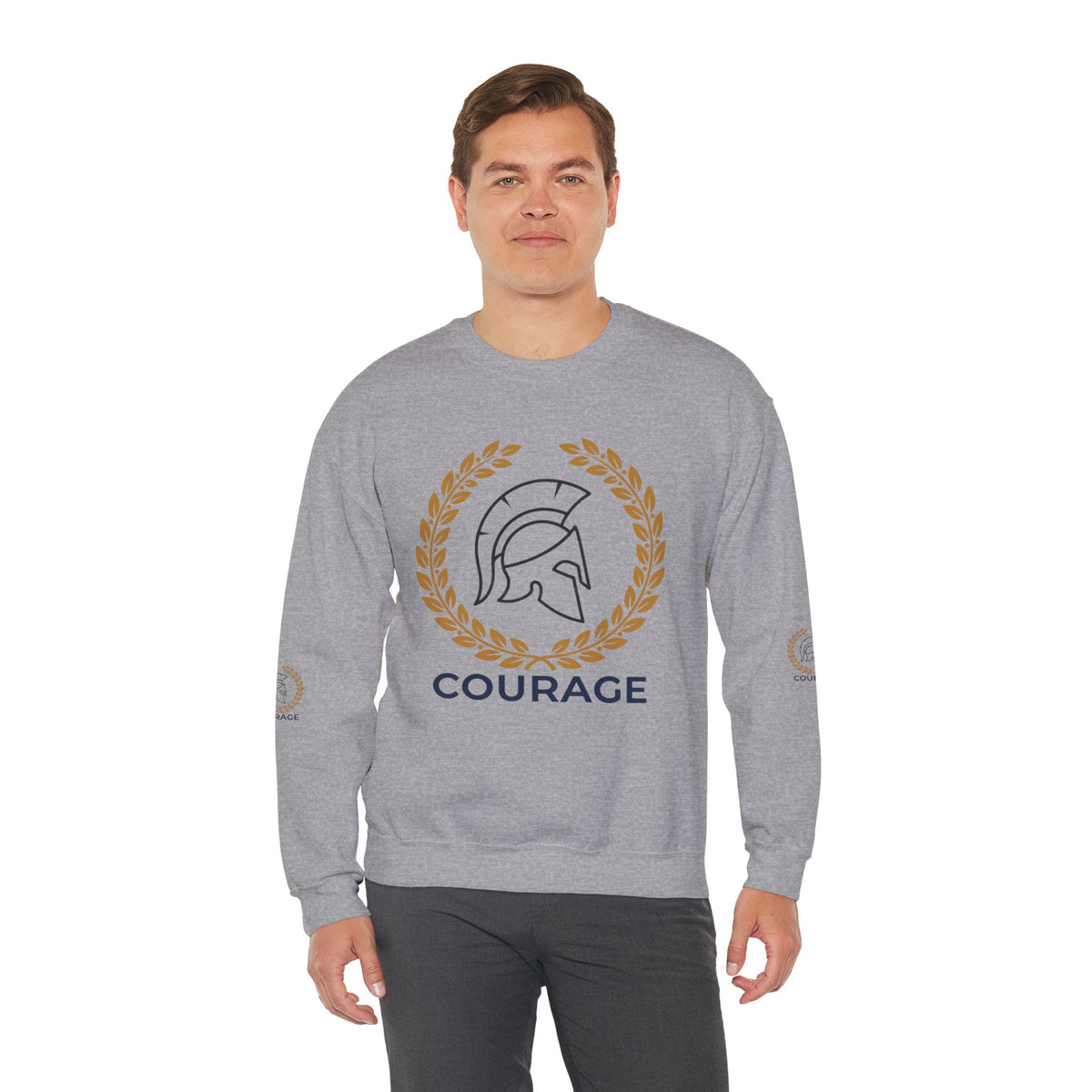 Courage Spartan Helmet Crewneck Sweatshirt — "Courage" with Laurel & Psalm 121:1-2