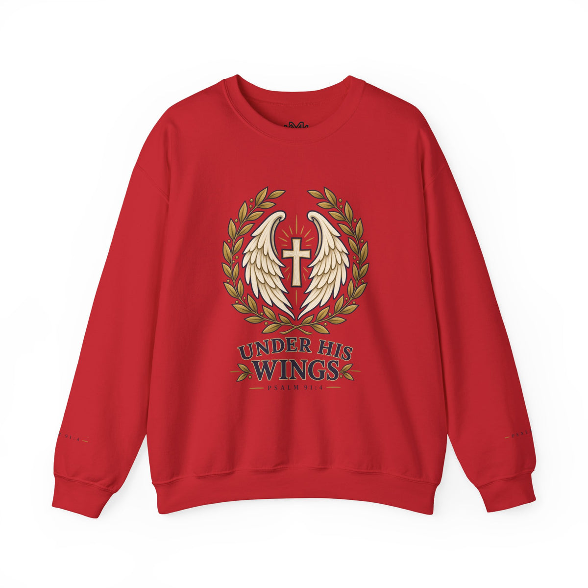 Under His Wings Crewneck Sweatshirt — Christian Cross & Angel Wings Psalm Design