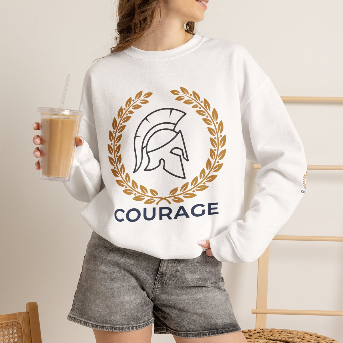 Courage Spartan Helmet Crewneck Sweatshirt — "Courage" with Laurel & Psalm 121:1-2