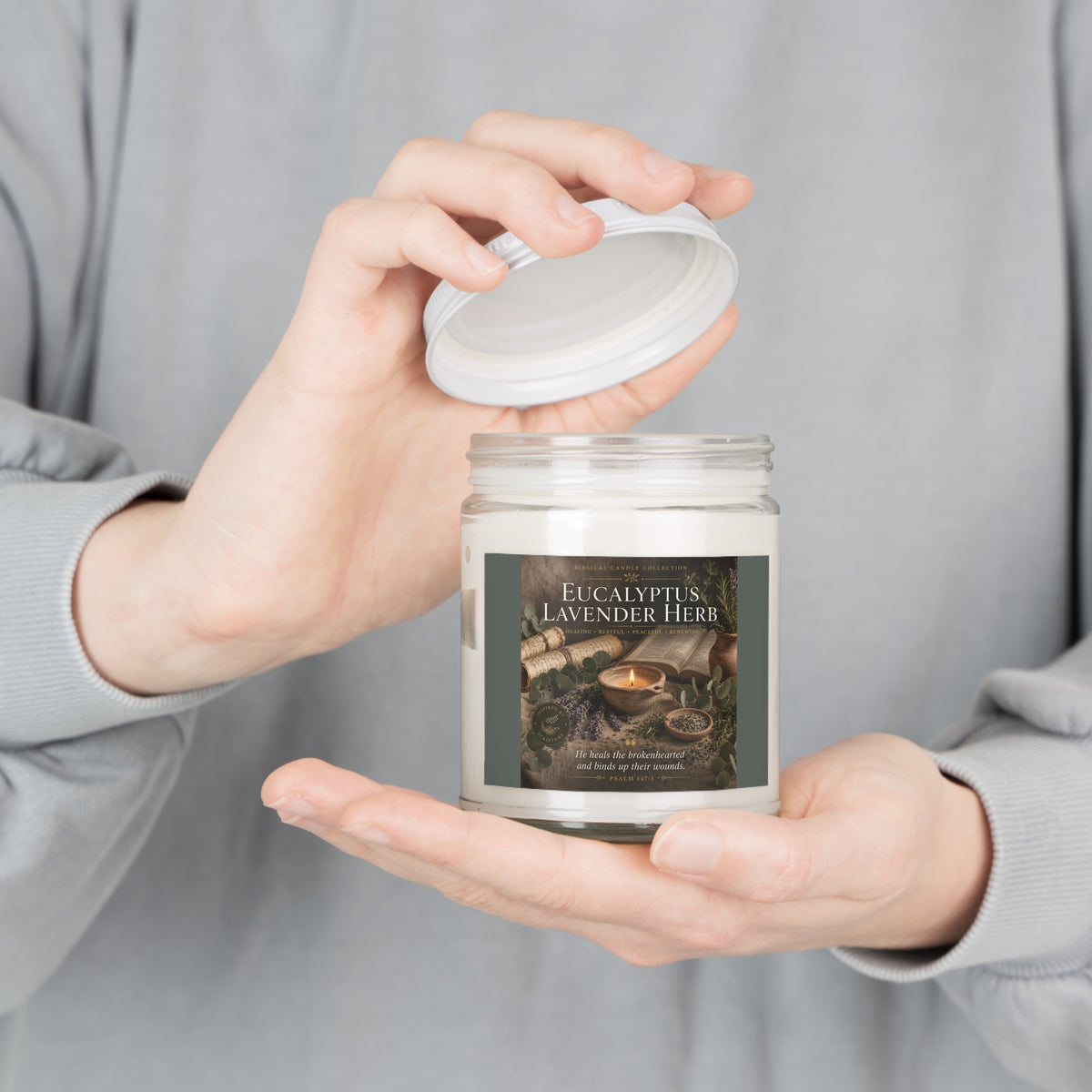 Eucalyptus Lavender Herb Soy Candle — 9oz Scented Jar with White Lid