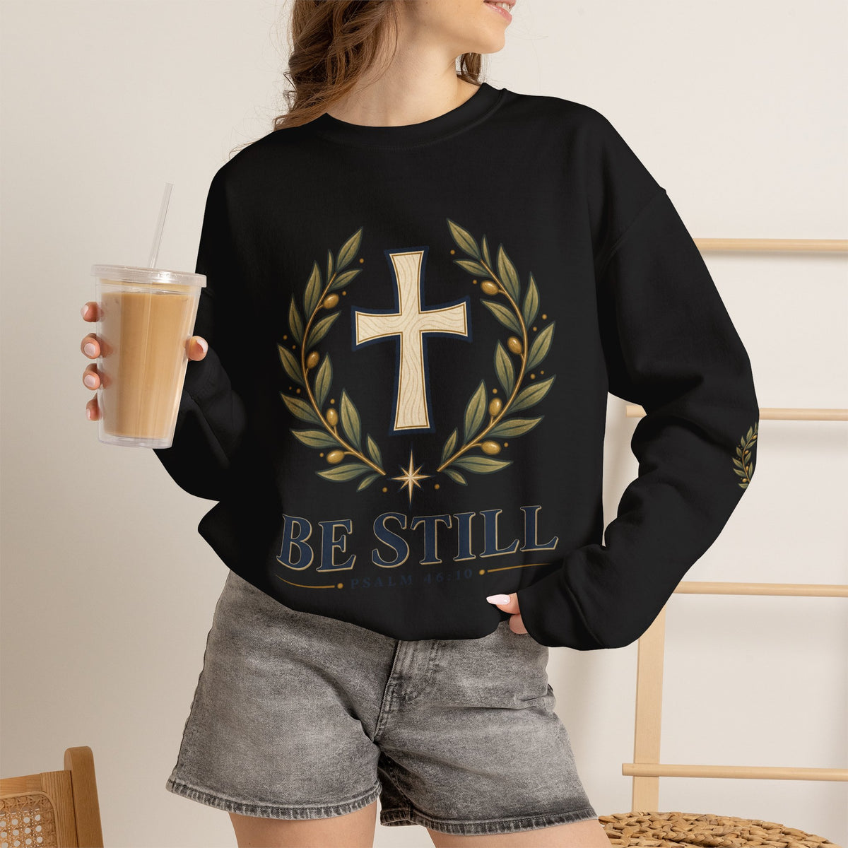 Crewneck Sweatshirt — "Be Still" Psalm 46:10 Christian Cross Design