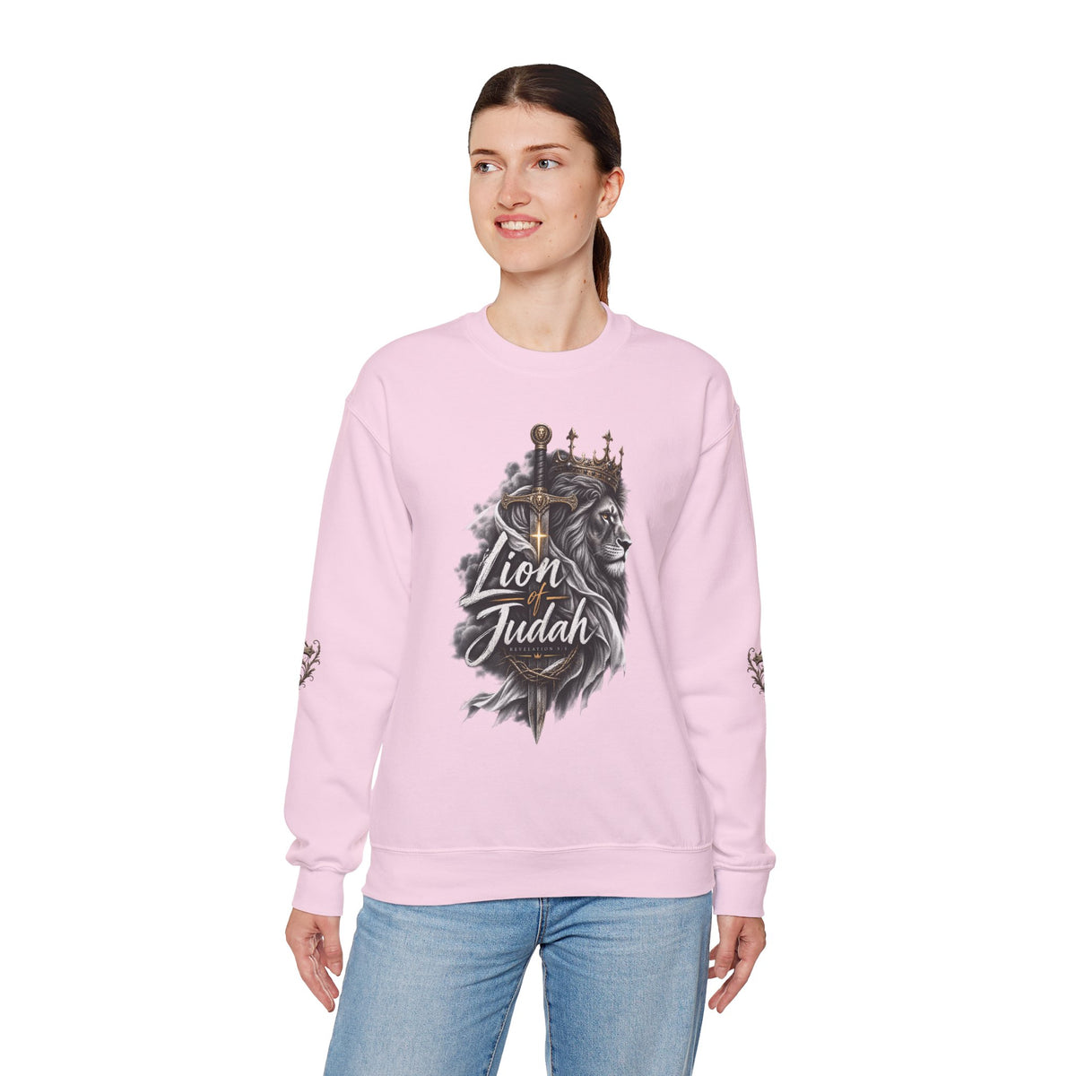 Lion of Judah Sweatshirt — Christian Lion Crewneck with Crown & Ichthys Back
