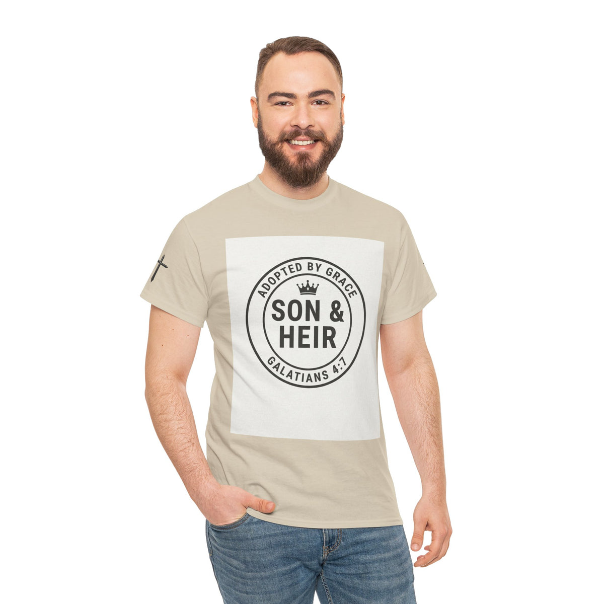 Christian Son & Heir T-Shirt — 'Adopted by Grace' Faith Tee with Jesus Prayer Design