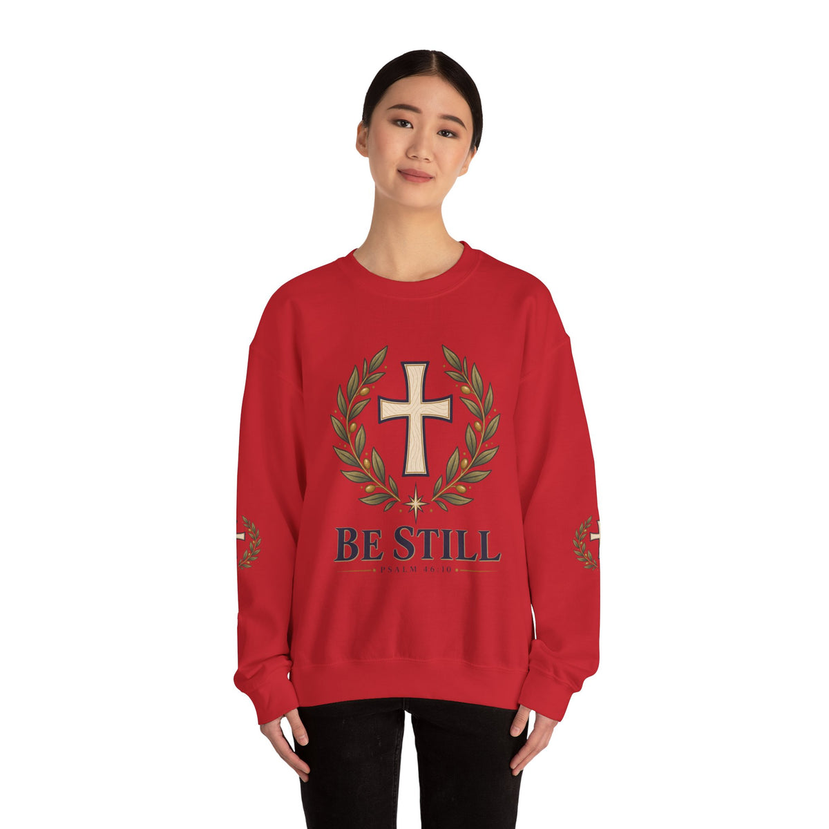 Crewneck Sweatshirt — "Be Still" Psalm 46:10 Christian Cross Design