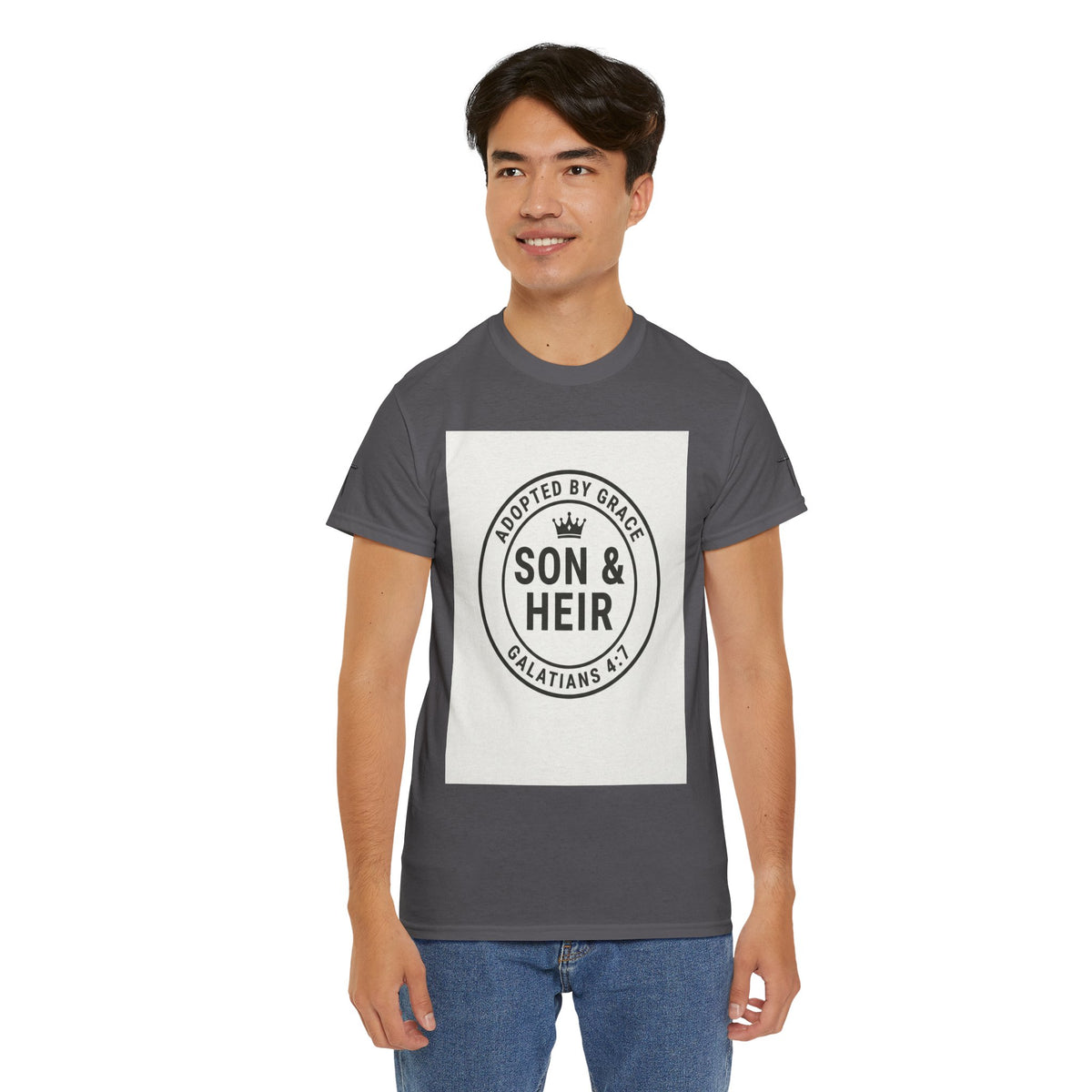 Christian Son & Heir T-Shirt — 'Adopted by Grace' Faith Tee with Jesus Prayer Design