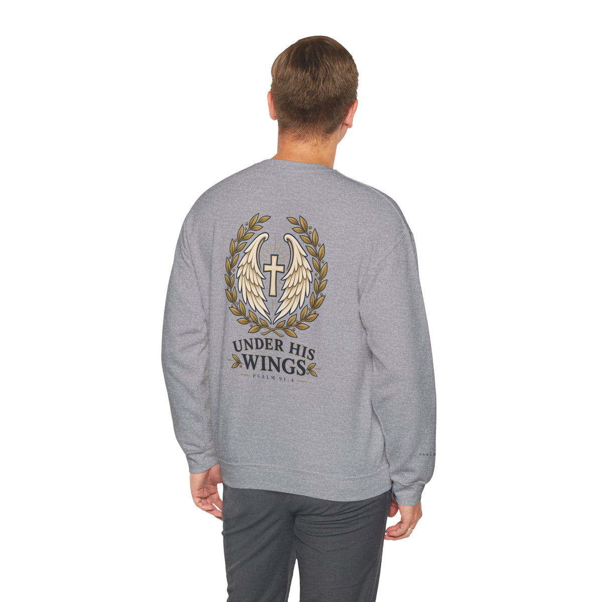 Under His Wings Crewneck Sweatshirt — Christian Cross & Angel Wings Psalm Design