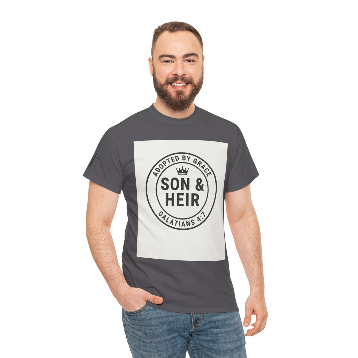 Christian Son & Heir T-Shirt — 'Adopted by Grace' Faith Tee with Jesus Prayer Design