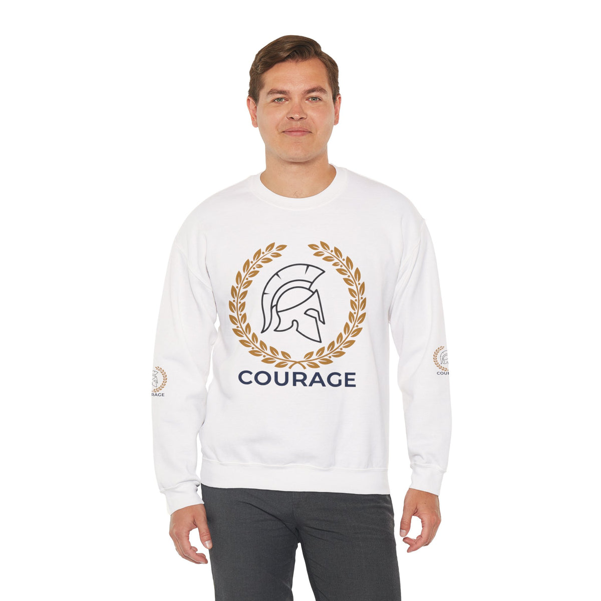 Courage Spartan Helmet Crewneck Sweatshirt — "Courage" with Laurel & Psalm 121:1-2