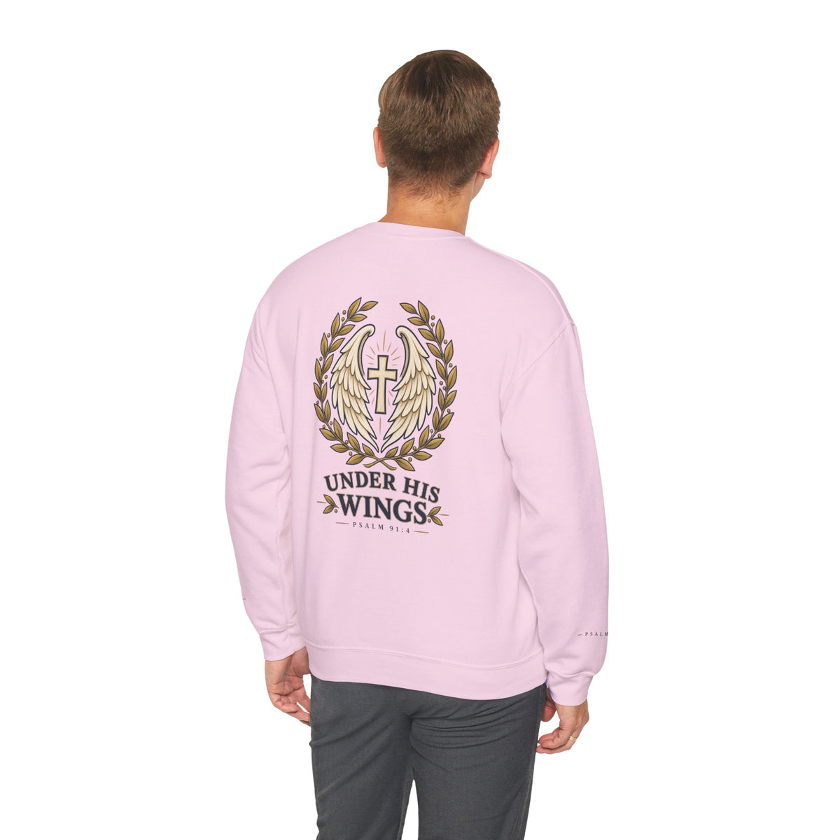 Under His Wings Crewneck Sweatshirt — Christian Cross & Angel Wings Psalm Design