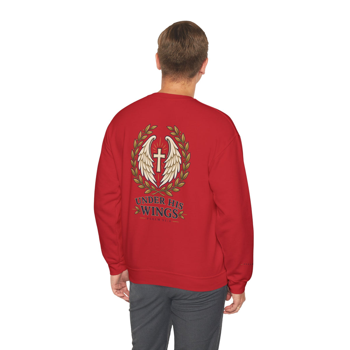 Under His Wings Crewneck Sweatshirt — Christian Cross & Angel Wings Psalm Design