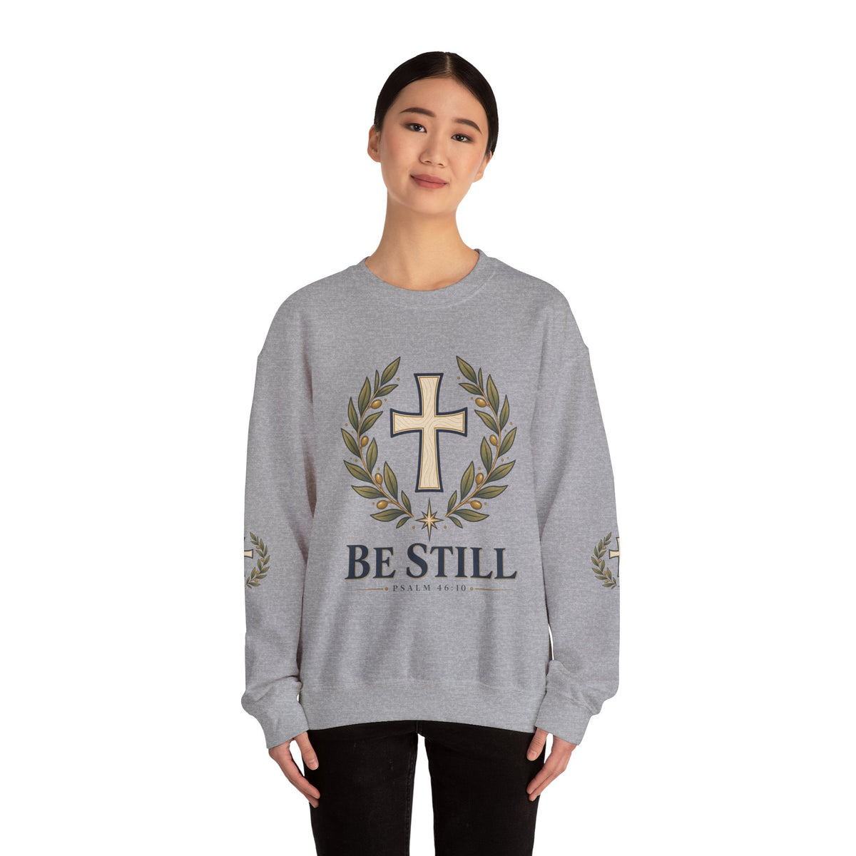 Crewneck Sweatshirt — "Be Still" Psalm 46:10 Christian Cross Design