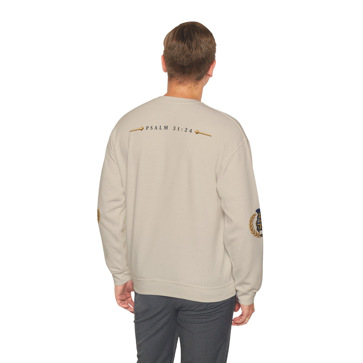 Crewneck Sweatshirt — "Be Strong and Take Heart" Psalm 31:24 Spartan Helmet Design