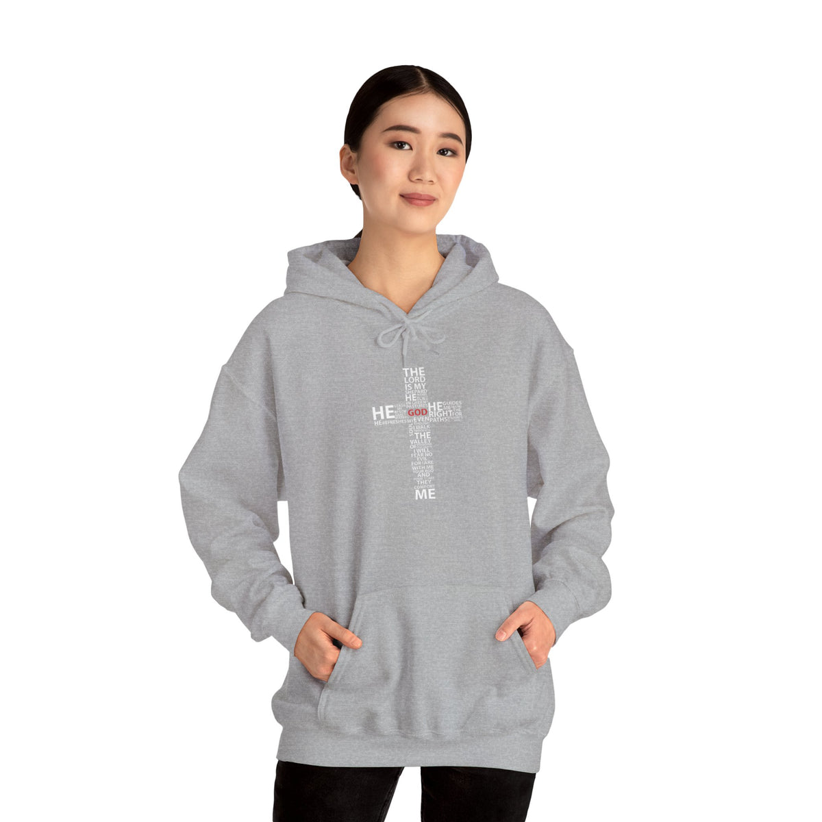 Christian Cross Hoodie - "He Renewed Me" Word Cloud Faith Sweatshirt