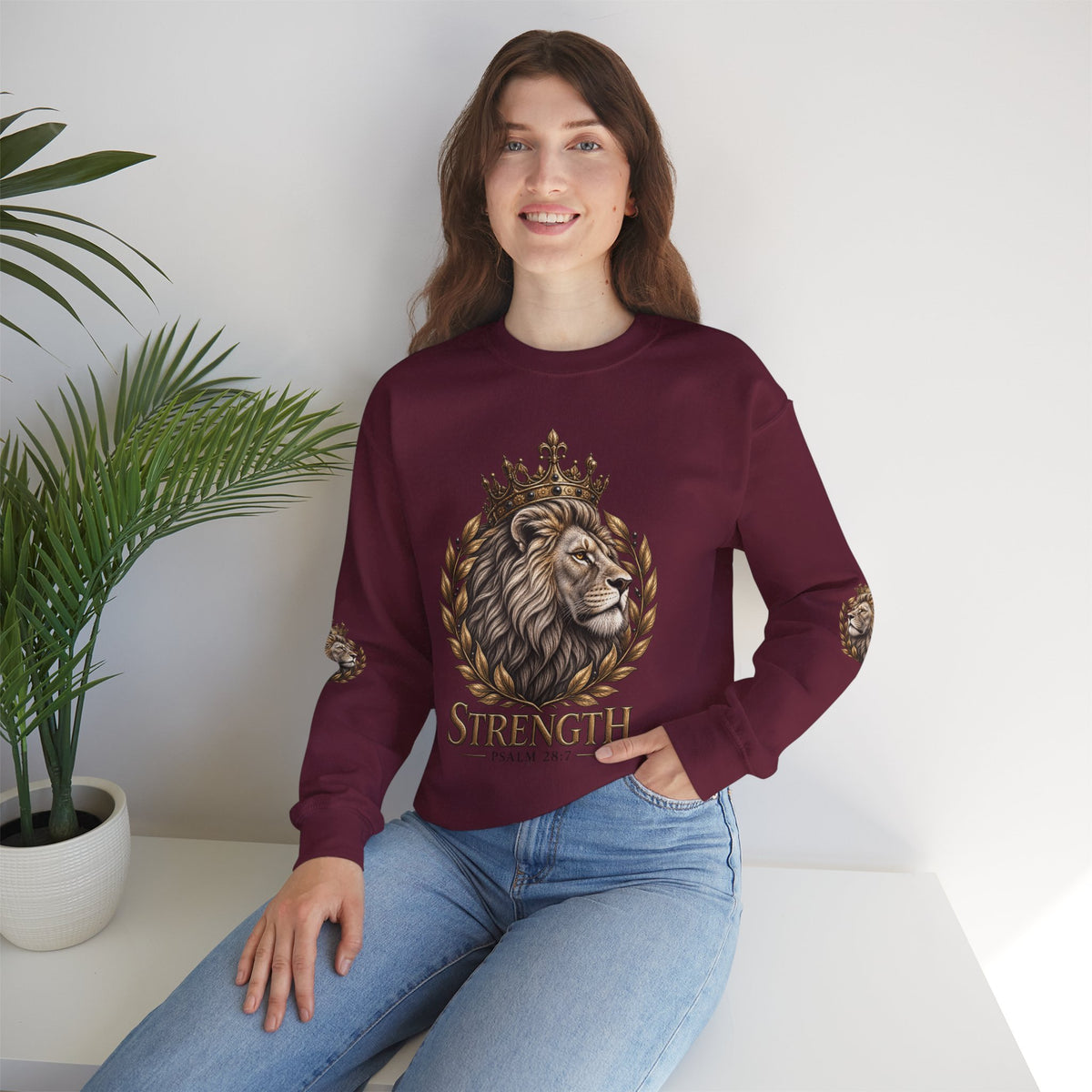 Strength Lion Crewneck Sweatshirt — Psalm 28:7 Inspirational Pullover