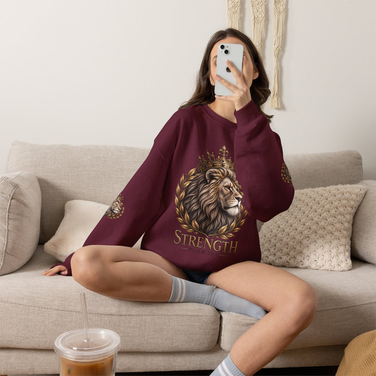 Strength Lion Crewneck Sweatshirt — Psalm 28:7 Inspirational Pullover