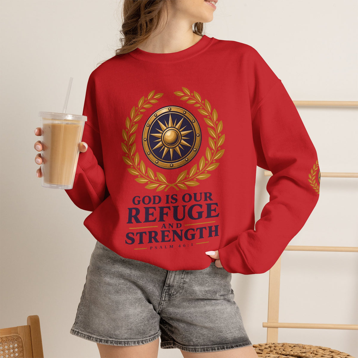 Crewneck Sweatshirt — “God Is Our Refuge and Strength” Psalm 46:1 Christian Faith Pullover