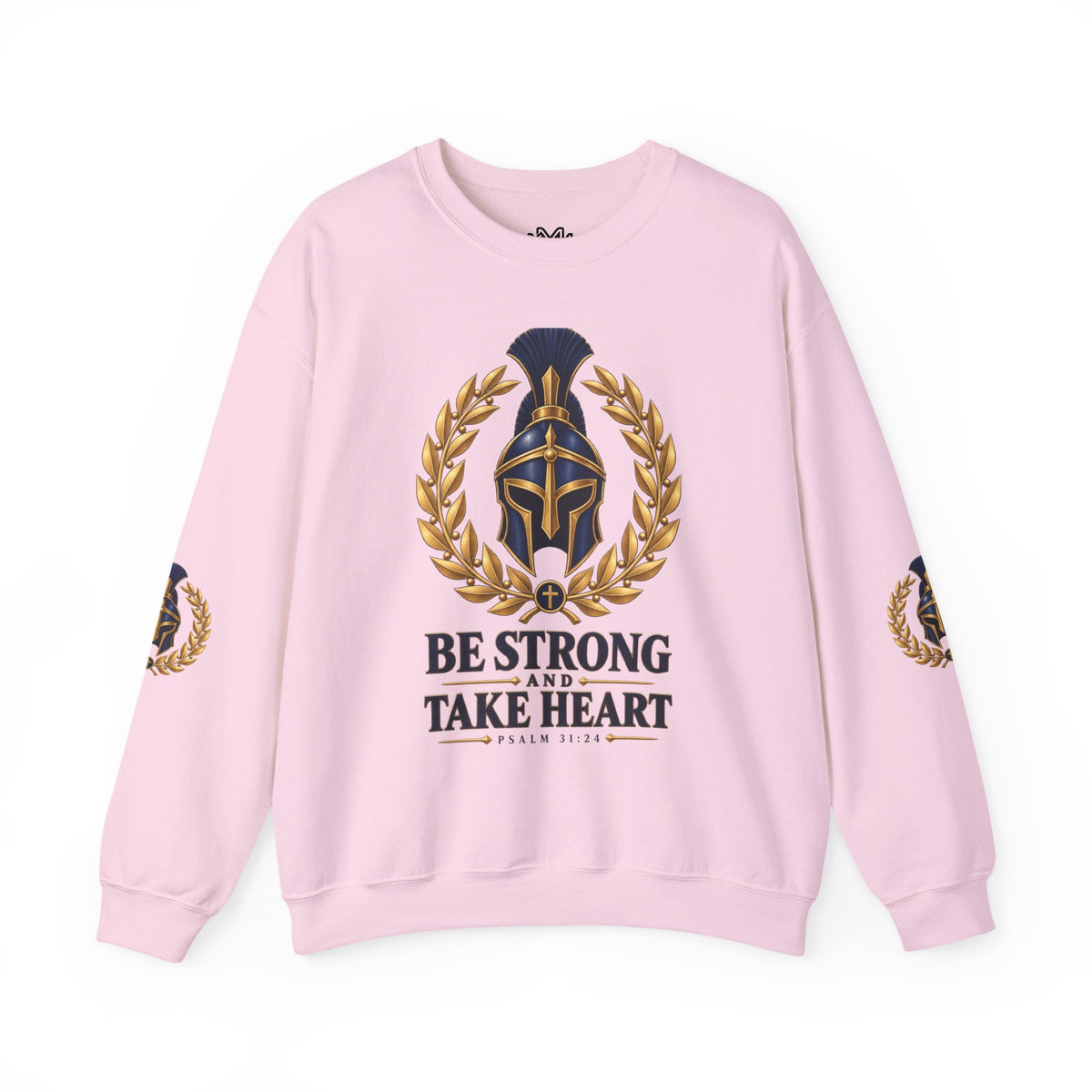 Crewneck Sweatshirt — "Be Strong and Take Heart" Psalm 31:24 Spartan Helmet Design