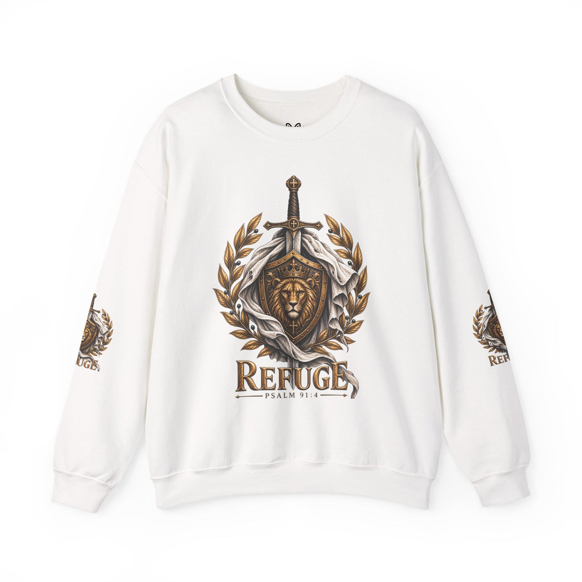 Crewneck Sweatshirt — 'Refuge' Lion & Sword Psalm 91:4 Christian Pullover