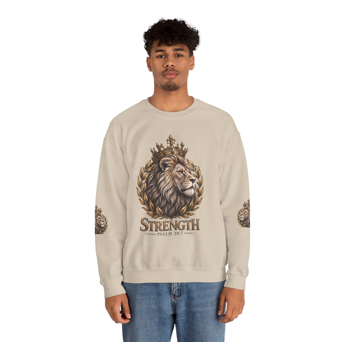 Strength Lion Crewneck Sweatshirt — Psalm 28:7 Inspirational Pullover